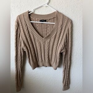 Beige Cable Knit V-Neck Sweater